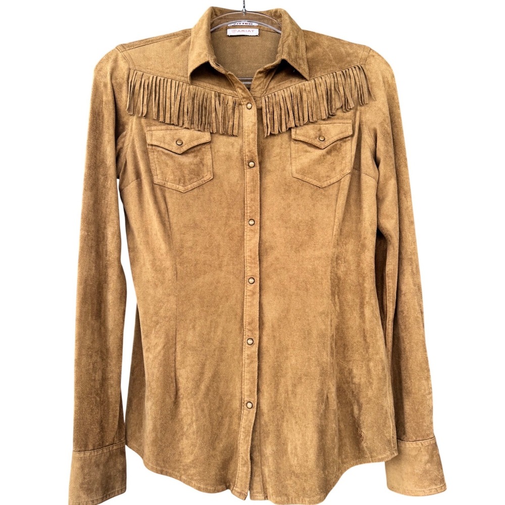 Ariat Shirt Women Small Brown Faux Suede Western Fringe Snap Fitted Button Down - Picture 3 of 7